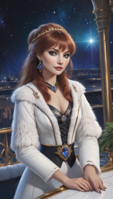 1girl,solo,long hair,breasts,looking at viewer,smile,bangs,blue eyes,brown hair,long sleeves,dress,cleavage,jewelry,medium breasts,earrings,outdoors,sky,choker,necklace,white dress,lips,coat,grey eyes,fur trim,makeup,night,tiara,crown,plant,lipstick,gem,star (sky),night sky,corset,starry sky,railing,white coat,red lips,fur-trimmed coat,balcony,brown eyes,artist name,instrument,realistic,piano