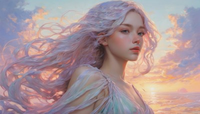 1girl,solo,long hair,breasts,looking at viewer,blue eyes,dress,bare shoulders,upper body,white hair,outdoors,parted lips,sky,cloud,water,white dress,lips,floating hair,ocean,wavy hair,cloudy sky,wind,freckles,sunset,realistic,nose,red lips,green eyes,day,blue sky,makeup,blue dress,sunlight,sun,horizon