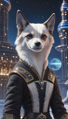 solo,looking at viewer,blue eyes,long sleeves,1boy,jewelry,closed mouth,upper body,male focus,outdoors,sky,belt,artist name,signature,blurry,no humans,night,blurry background,animal,building,gem,star (sky),night sky,furry,starry sky,furry male,animal focus,white fur,planet,whiskers,blue gemstone,black fur,oversized animal,smile,jacket,black jacket,space