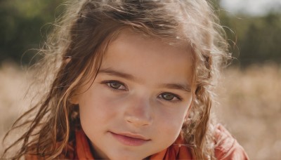 1girl,solo,long hair,looking at viewer,smile,blonde hair,brown hair,brown eyes,jewelry,closed mouth,green eyes,earrings,scarf,blurry,lips,depth of field,blurry background,messy hair,portrait,close-up,freckles,realistic,nose,outdoors,eyelashes