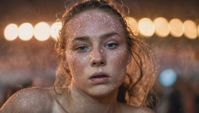 1girl,solo,long hair,looking at viewer,blue eyes,brown hair,collarbone,nude,parted lips,teeth,water,blurry,lips,wet,depth of field,blurry background,portrait,freckles,curly hair,realistic,nose,wet hair,bokeh,bare shoulders,green eyes,eyelashes,light