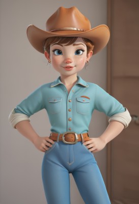 1girl,solo,looking at viewer,smile,short hair,blue eyes,brown hair,shirt,hat,jewelry,standing,cowboy shot,earrings,parted lips,collared shirt,belt,pants,indoors,lips,buttons,blue shirt,denim,sleeves rolled up,freckles,pocket,hands on hips,jeans,belt buckle,door,brown headwear,blue pants,stud earrings,brown belt,breast pocket,cowboy hat,blurry,makeup,lipstick,buckle,red lips,denim jacket