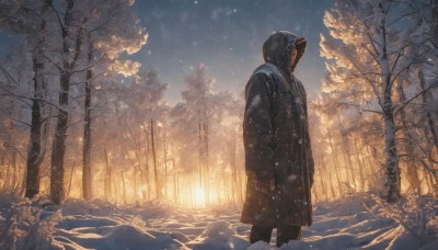 solo,long sleeves,1boy,standing,male focus,outdoors,sky,hood,tree,coat,sunlight,nature,scenery,snow,hood up,forest,sunset,black coat,snowing,winter clothes,winter,bare tree,hooded coat,winter coat,gloves,jacket,pants,no humans,1other,rock,ambiguous gender