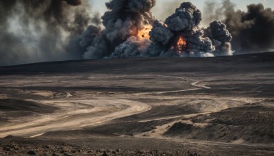 outdoors,sky,cloud,no humans,fire,scenery,smoke,explosion,burning,water,ocean,beach,cloudy sky,sand