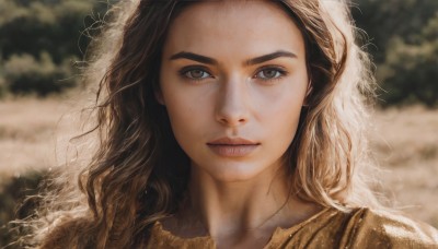 1girl,solo,long hair,looking at viewer,brown hair,brown eyes,closed mouth,outdoors,day,necklace,blurry,lips,grey eyes,eyelashes,depth of field,blurry background,wavy hair,portrait,forehead,freckles,curly hair,realistic,nose,sunlight,messy hair,close-up