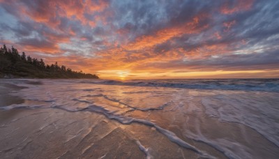 outdoors,sky,cloud,water,tree,no humans,ocean,beach,sunlight,cloudy sky,nature,scenery,forest,sunset,sand,sun,horizon,road,evening,landscape,shore,orange sky,reflection