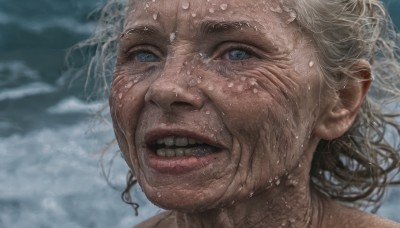 1girl,solo,looking at viewer,open mouth,blue eyes,outdoors,parted lips,teeth,water,blurry,lips,wet,blurry background,portrait,close-up,realistic,nose,wet hair,blonde hair,1boy,male focus,sweat,sky,cloud,clenched teeth