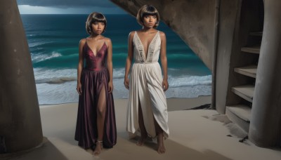 breasts,looking at viewer,short hair,bangs,multiple girls,skirt,brown hair,black hair,dress,2girls,cleavage,bare shoulders,brown eyes,jewelry,standing,collarbone,full body,small breasts,outdoors,barefoot,sleeveless,day,dark skin,water,white dress,dark-skinned female,lips,siblings,ocean,beach,bob cut,purple dress,dual persona,twins,sand,anklet,arms at sides,pillar,medium breasts,earrings,blunt bangs,necklace,feet,no bra,makeup,toes,red dress,lipstick,breasts apart,realistic,toenail polish,plunging neckline