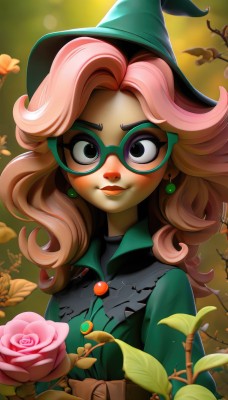 1girl,solo,long hair,looking at viewer,blush,smile,hat,jewelry,closed mouth,upper body,pink hair,flower,earrings,glasses,artist name,black eyes,lips,makeup,witch hat,rose,leaf,lipstick,pink flower,eyeshadow,curly hair,branch,witch,pink rose,blonde hair,green eyes,multicolored hair,eyelashes,freckles,green dress,nose,green-framed eyewear