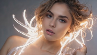 1girl,solo,looking at viewer,short hair,open mouth,blue eyes,blonde hair,brown hair,dress,ribbon,bare shoulders,collarbone,hair ribbon,parted lips,teeth,white dress,lips,grey eyes,floating hair,portrait,white ribbon,freckles,realistic,nose,long hair,simple background,eyelashes,thick eyebrows,close-up