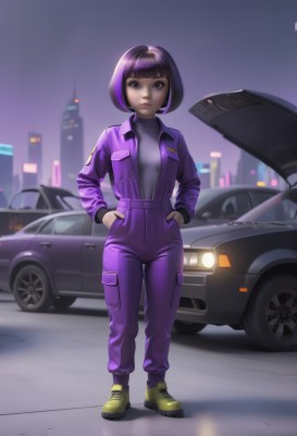 1girl,solo,breasts,looking at viewer,short hair,bangs,shirt,black hair,long sleeves,brown eyes,closed mouth,standing,jacket,full body,purple hair,multicolored hair,outdoors,open clothes,shoes,pants,artist name,blunt bangs,black eyes,lips,night,turtleneck,watermark,bob cut,ground vehicle,motor vehicle,hands on hips,hands in pockets,car,vehicle focus,jumpsuit,sports car,purple eyes,bodysuit,city,nose,purple jacket,skyscraper