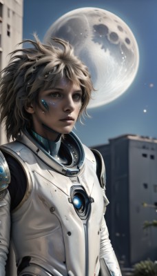 1girl,solo,short hair,blonde hair,brown hair,1boy,brown eyes,upper body,male focus,parted lips,sky,blurry,lips,bodysuit,blurry background,moon,looking up,building,messy hair,star (sky),full moon,science fiction,realistic,nose,looking afar,planet,cyborg,dirty,spacesuit,astronaut,looking at viewer,dark skin,facial mark,androgynous