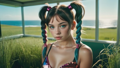 1girl,solo,long hair,breasts,looking at viewer,bangs,blue eyes,black hair,hair ornament,cleavage,bare shoulders,twintails,medium breasts,underwear,green eyes,collarbone,upper body,braid,multicolored hair,small breasts,parted lips,green hair,day,artist name,indoors,bra,blurry,twin braids,two-tone hair,aqua eyes,lips,eyelashes,window,aqua hair,gradient hair,makeup,ocean,grass,freckles,realistic,nose,hair tie,red lips,jewelry,swimsuit,bikini,earrings,outdoors,sky,piercing,sunlight,stud earrings