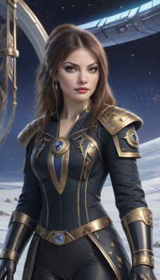 1girl,solo,long hair,breasts,looking at viewer,brown hair,gloves,brown eyes,jewelry,medium breasts,standing,weapon,cowboy shot,earrings,sky,belt,signature,armor,lips,bodysuit,makeup,lipstick,shoulder armor,gauntlets,star (sky),starry sky,pauldrons,gold trim,realistic,nose,black bodysuit,red lips,space,planet,earth (planet),spacecraft,ponytail,artist name