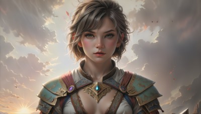 1girl,solo,breasts,looking at viewer,blush,short hair,bangs,brown hair,cleavage,brown eyes,jewelry,medium breasts,upper body,outdoors,parted lips,sky,teeth,day,artist name,cloud,signature,armor,lips,eyelashes,bird,watermark,sunlight,cloudy sky,wind,shoulder armor,gem,backlighting,pauldrons,sunset,light rays,realistic,nose,sun,scenery