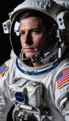 solo,looking at viewer,simple background,brown hair,black hair,1boy,closed mouth,upper body,male focus,dark skin,black eyes,helmet,black background,science fiction,realistic,american flag,spacesuit,japanese flag,astronaut,facial hair,reflection,stubble,space,planet,flag print,earth (planet),space helmet,united states,american flag print