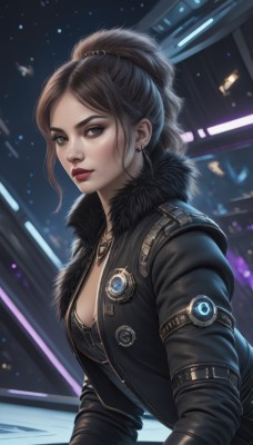 1girl,solo,breasts,looking at viewer,brown hair,black hair,gloves,long sleeves,cleavage,brown eyes,jewelry,medium breasts,jacket,upper body,ponytail,earrings,open clothes,necklace,black eyes,open jacket,lips,black jacket,fur trim,makeup,lipstick,fur collar,realistic,nose,red lips,leather,leather jacket,long hair,bangs,closed mouth,sidelocks,artist name,blurry,from side,parted bangs,blurry background,piercing,pendant,cropped jacket,stud earrings