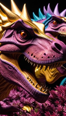 solo,looking at viewer,open mouth,red eyes,flower,horns,teeth,orange eyes,no humans,fangs,sharp teeth,black background,spikes,monster,realistic,dragon,scales,multiple heads,simple background,tongue,blurry,fish,coral