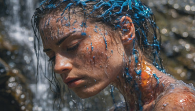 1girl, solo, long hair, brown hair, closed mouth, closed eyes, dark skin, water, blurry, dark-skinned female, lips, wet, eyelashes, depth of field, blurry background, portrait, water drop, realistic, nose