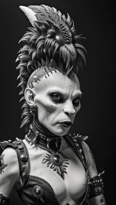 solo,looking at viewer,simple background,hair ornament,1boy,jewelry,closed mouth,monochrome,upper body,greyscale,male focus,earrings,horns,necklace,mole,collar,lips,tattoo,makeup,scar,facial mark,piercing,feathers,black background,armlet,realistic,stitches,mohawk,cracked skin,1girl,nipples,flower,open clothes,hair flower,mole under eye,feather hair ornament,facepaint