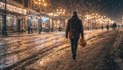 holding, jacket, outdoors, solo focus, pants, from behind, blurry, dutch angle, night, building, scenery, snow, walking, snowing, city, road, winter, lamppost, street, people