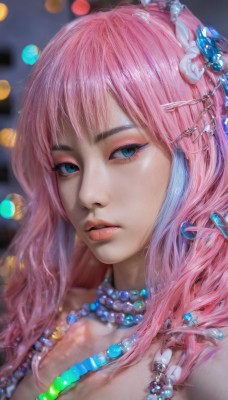 1girl,solo,long hair,looking at viewer,bangs,blue eyes,hair ornament,jewelry,upper body,pink hair,earrings,parted lips,hairclip,necklace,blurry,lips,eyelashes,makeup,depth of field,gem,portrait,eyeshadow,beads,realistic,nose,pearl necklace,mascara,pearl (gemstone),cleavage,bare shoulders,blue hair,multicolored hair,artist name,two-tone hair,blurry background