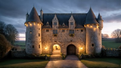 HQ,outdoors,sky,day,cloud,tree,no humans,window,cloudy sky,grass,building,scenery,sunset,stairs,mountain,road,house,bare tree,castle,tower,path,church,water,glowing,nature,fantasy,architecture,bridge,river,landscape,fog,arch