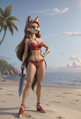 1girl,solo,long hair,breasts,smile,blue eyes,brown hair,navel,holding,animal ears,cleavage,bare shoulders,jewelry,medium breasts,very long hair,closed mouth,standing,tail,swimsuit,full body,weapon,bikini,outdoors,sky,day,sword,artist name,signature,water,necklace,holding weapon,blurry,high heels,tree,blue sky,hand on hip,looking to the side,fox ears,strapless,blurry background,fox tail,ocean,watermark,beach,holding sword,wolf ears,knife,red footwear,wolf tail,furry,armlet,red bikini,sand,palm tree,furry female,holding knife,bracer,dagger,collarbone,small breasts,parted lips,midriff,cloud,stomach,armor,bracelet,animal ear fluff,depth of field,abs,thick eyebrows,dog ears,toned,vambraces,body fur,animal nose,snout,brown fur