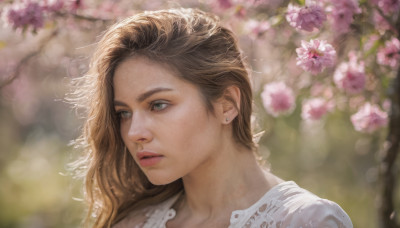 1girl, solo, long hair, brown hair, jewelry, green eyes, flower, earrings, parted lips, blurry, lips, depth of field, blurry background, looking away, portrait, freckles, realistic, nose, stud earrings