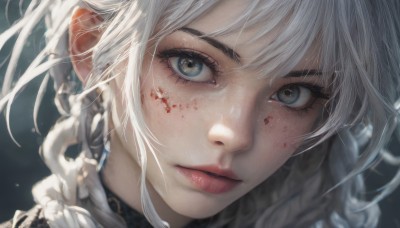 1girl,solo,long hair,looking at viewer,bangs,blue eyes,jewelry,closed mouth,braid,white hair,earrings,blurry,lips,grey eyes,eyelashes,blood,portrait,close-up,freckles,blood on face,realistic,nose,red lips,short hair,parted lips,artist name,depth of field,messy hair