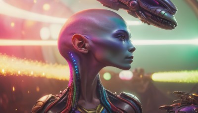 1girl,solo,holding,yellow eyes,upper body,weapon,solo focus,blurry,from side,lips,gun,profile,blurry background,colored skin,portrait,science fiction,realistic,nose,bald,cyborg,alien,cyberpunk,laser,hologram,1boy,signature,bodysuit,glowing,blue skin,spacecraft