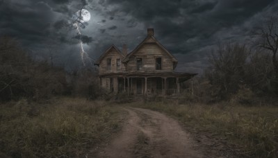 outdoors,sky,cloud,tree,dutch angle,no humans,window,night,moon,cloudy sky,grass,building,nature,night sky,scenery,full moon,forest,fence,road,house,bare tree,silk,spider web,path,star (sky),fantasy,electricity,dark,lightning