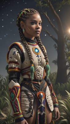 1girl,solo,long hair,brown hair,black hair,thighhighs,brown eyes,jewelry,standing,braid,cowboy shot,earrings,outdoors,sky,dark skin,necklace,armor,twin braids,dark-skinned female,tree,lips,night,grass,star (sky),night sky,pelvic curtain,starry sky,breastplate,realistic,nose,arms at sides,very dark skin,dreadlocks,tribal,multiple braids,hair ornament,long sleeves,closed mouth,artist name,facial mark,looking away,plant,hair over shoulder,facepaint