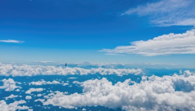 1girl,solo,black hair,standing,outdoors,sky,day,cloud,blue sky,cloudy sky,scenery,blue theme,horizon,wide shot,above clouds,very wide shot,short hair,skirt,shirt,white shirt,water,from behind,ocean,facing away