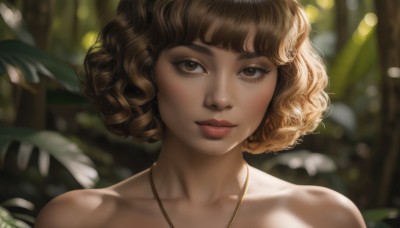 1girl,solo,looking at viewer,short hair,bangs,brown hair,bare shoulders,brown eyes,jewelry,closed mouth,collarbone,outdoors,day,artist name,necklace,blurry,lips,eyelashes,depth of field,blurry background,sunlight,portrait,nature,close-up,forest,curly hair,realistic,nose,smile,upper body,makeup,leaf,plant,freckles,dappled sunlight