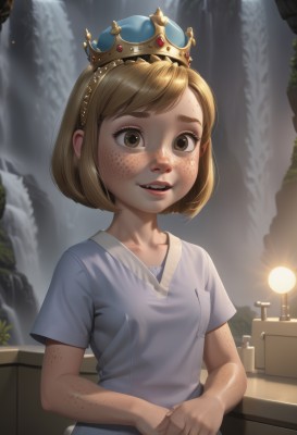 1girl,solo,breasts,looking at viewer,smile,short hair,open mouth,bangs,blonde hair,brown hair,shirt,dress,brown eyes,collarbone,white shirt,upper body,short sleeves,small breasts,parted lips,teeth,artist name,indoors,lips,own hands together,crown,blue shirt,child,freckles,female child,lamp,waterfall,water,realistic