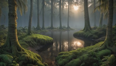 outdoors,day,water,tree,no humans,leaf,sunlight,grass,plant,nature,scenery,forest,reflection,light rays,mushroom,moss,fantasy,landscape