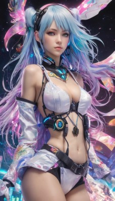 1girl,solo,long hair,breasts,looking at viewer,bangs,blue eyes,large breasts,gloves,long sleeves,navel,cleavage,bare shoulders,jewelry,medium breasts,closed mouth,blue hair,standing,swimsuit,pink hair,purple hair,bikini,multicolored hair,cowboy shot,hairband,earrings,parted lips,detached sleeves,shorts,elbow gloves,midriff,shiny,belt,white gloves,fingerless gloves,stomach,hair bun,two-tone hair,lips,see-through,short shorts,double bun,gradient hair,makeup,detached collar,floating hair,headgear,white bikini,piercing,revealing clothes,science fiction,realistic,nose