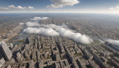 outdoors,sky,day,cloud,water,blue sky,dutch angle,no humans,ocean,from above,cloudy sky,building,scenery,city,horizon,cityscape,river,landscape,smoke,skyscraper