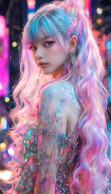 1girl,solo,long hair,looking at viewer,bangs,dress,brown eyes,jewelry,blue hair,upper body,pink hair,braid,multicolored hair,earrings,parted lips,blunt bangs,blurry,from side,two-tone hair,lips,see-through,gradient hair,makeup,depth of field,blurry background,wavy hair,gem,eyeshadow,realistic,hair ornament,bare shoulders,very long hair,hairclip,artist name,mole,looking to the side,eyelashes,watermark,nose,bokeh