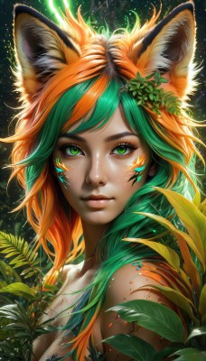 1girl,solo,long hair,breasts,looking at viewer,smile,bangs,hair ornament,animal ears,medium breasts,closed mouth,green eyes,upper body,nude,multicolored hair,green hair,artist name,cat ears,orange hair,two-tone hair,lips,animal ear fluff,fox ears,eyelashes,gradient hair,makeup,leaf,watermark,facial mark,plant,slit pupils,portrait,eyeshadow,freckles,realistic,nose,eyeliner,mascara,cleavage,hair flower,streaked hair,web address,light particles