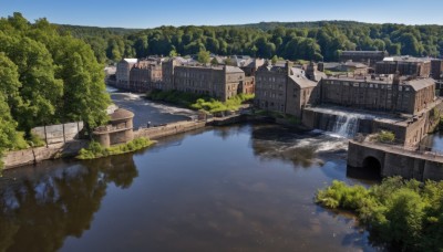 outdoors,sky,day,water,tree,blue sky,no humans,building,nature,scenery,forest,reflection,ruins,bridge,river,waterfall,overgrown,flag,real world location