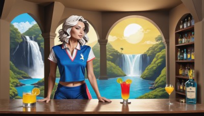 1girl,solo,breasts,smile,short hair,shirt,navel,closed eyes,white hair,food,sky,shorts,day,midriff,cloud,indoors,water,tree,cup,lips,fruit,bird,table,bottle,scenery,alcohol,drinking glass,sportswear,nose,drink,sun,waterfall,soccer uniform,lemon,counter,lemon slice,blue eyes,multicolored hair,two-tone hair,looking to the side,makeup,wavy hair,looking away,web address,glass,bar (place),cocktail glass,cocktail