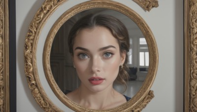 1girl,solo,long hair,looking at viewer,blue eyes,brown hair,jewelry,ponytail,earrings,parted lips,teeth,indoors,lips,grey eyes,window,makeup,lipstick,portrait,reflection,mirror,realistic,red lips,short hair,eyelashes,nose