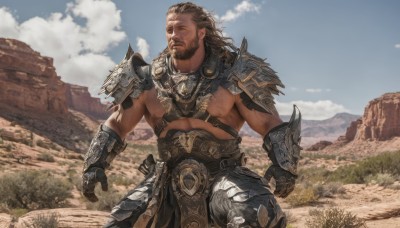 solo,long hair,brown hair,gloves,1boy,brown eyes,closed mouth,nipples,male focus,cowboy shot,outdoors,sky,day,cloud,armor,blue sky,looking to the side,muscular,facial hair,scar,abs,cloudy sky,pectorals,muscular male,shoulder armor,gauntlets,clenched hand,bara,pelvic curtain,beard,scar on face,large pectorals,pauldrons,mature male,mustache,scar across eye,bare pectorals,harness,chest harness,mountain,realistic