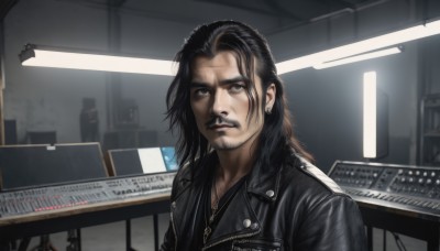 solo,long hair,looking at viewer,black hair,1boy,jewelry,jacket,upper body,male focus,earrings,indoors,necklace,black eyes,black jacket,facial hair,instrument,beard,realistic,mustache,leather,leather jacket,piano,keyboard (instrument),stubble,goatee,manly