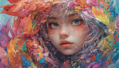 1girl, solo, looking at viewer, blue eyes, flower, parted lips, lips, leaf, portrait, freckles, fish, bubble, underwater, realistic, nose, goldfish