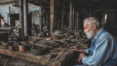 solo,short hair,shirt,long sleeves,1boy,holding,sitting,closed mouth,upper body,white hair,grey hair,male focus,collared shirt,indoors,blurry,from side,profile,facial hair,table,fire,blue shirt,beard,sleeves rolled up,realistic,mustache,old,old man,cooking,smile,signature,cup,window,depth of field,blurry background,bottle,plate,kitchen,photo background,frying pan,counter,stove,wrinkled skin,denim jacket