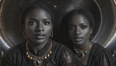 1girl,looking at viewer,smile,short hair,multiple girls,black hair,dress,2girls,jewelry,upper body,earrings,parted lips,dark skin,necklace,black dress,dark-skinned female,lips,makeup,siblings,lipstick,sisters,star (sky),dual persona,reflection,twins,hoop earrings,realistic,space,very dark skin,monochrome,greyscale,teeth,artist name,signature,eyelashes,sharp teeth,gem,portrait,eyeshadow,symmetry