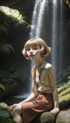 1girl,solo,breasts,looking at viewer,short hair,bangs,skirt,blonde hair,shirt,brown eyes,sitting,white shirt,outdoors,parted lips,open clothes,sleeveless,day,water,vest,tree,lips,red skirt,leaf,sunlight,bob cut,plant,lipstick,nature,forest,light rays,realistic,red lips,sunbeam,waterfall,blue eyes,nail polish,makeup,rock,moss